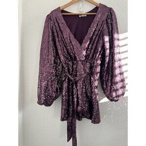 Miami Aliah Sequin Tie Waist Mini Dress M Purple Plunging Neck Barbie Fairy*Flaw